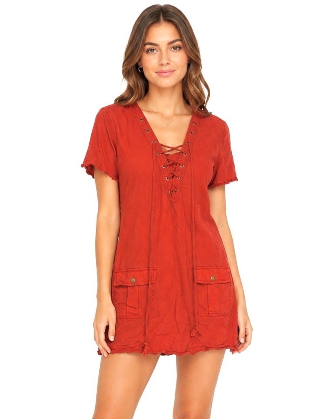Pam & Gela Utilities Pockets short sleeves Tie Front Mini Dress Rust women’s L
